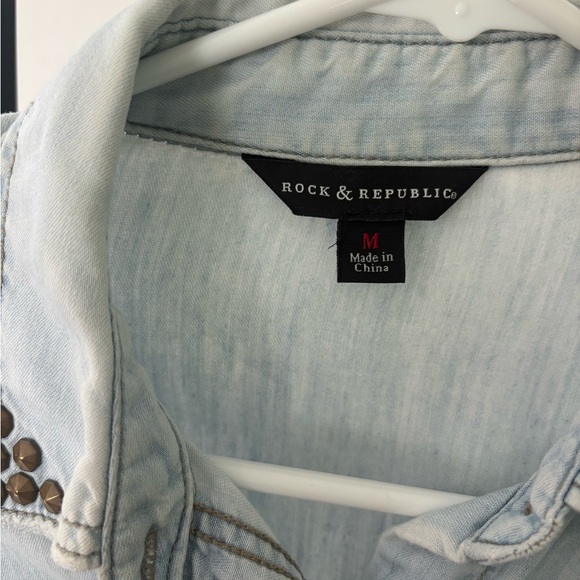 Light Denim Button Down Shirt w Studded Collar - Picture 2 of 4